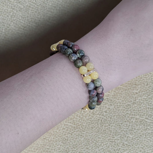 Unakite & Yellow Angelite 6mm Double Strand Bracelet - Gold