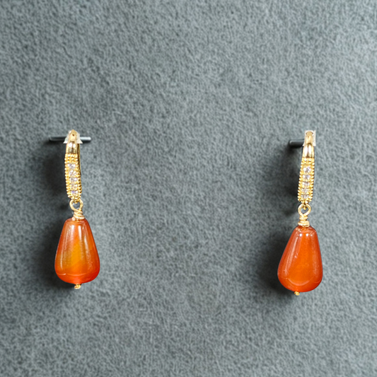 Red Agate Carnelian Dangle Earrings- Gold