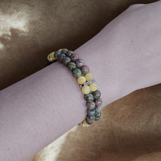 Unakite & Yellow Angelite 6mm Double Strand Bracelet - Silver