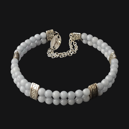 Amazonite 4mm Double Strand Bracelet featuring soothing blue-green beads on silver-plated memory wire with a fixed safety chain.