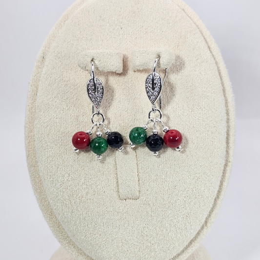 Black Onyx, Red Cinnabar & Emerald Drop Earrings - Silver