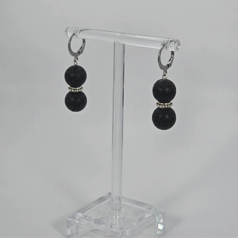 Black Lava Drop Earrings w/ Accent- Silver