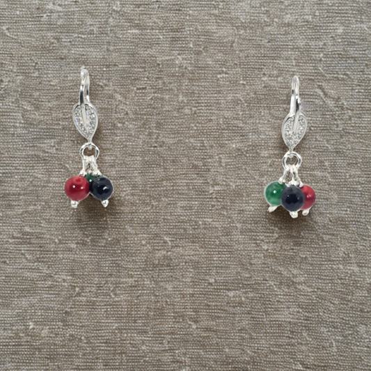 Black Onyx, Red Cinnabar & Emerald Drop Earrings - Silver