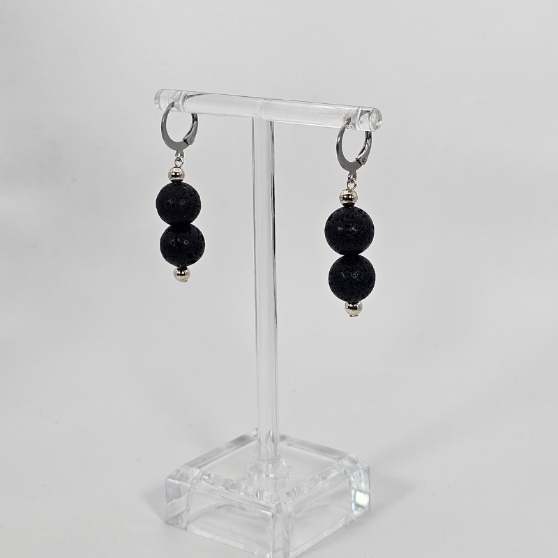 Black Lava Drop Earrings- Silver