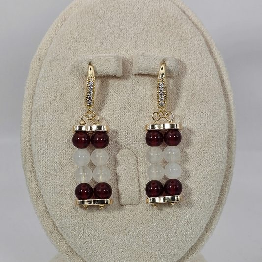 Carnelian & White Jade 6mm Dangle Earrings- Gold