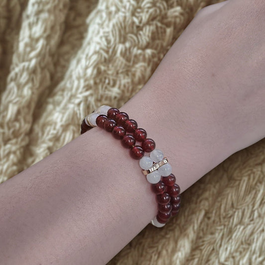 Carnelian & White Jade 6mm Double Strand Bracelet- Gold