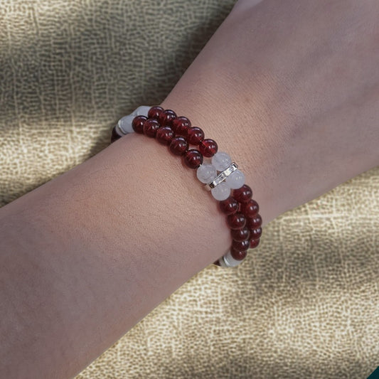 Carnelian & White Jade 6mm Double Strand Bracelet- Silver
