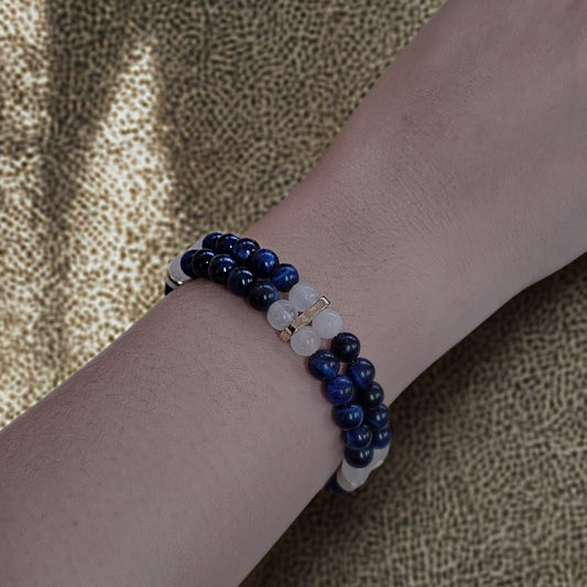 Blue Tiger’s Eye & White Jade 6mm Double Strand Bracelet - Silver