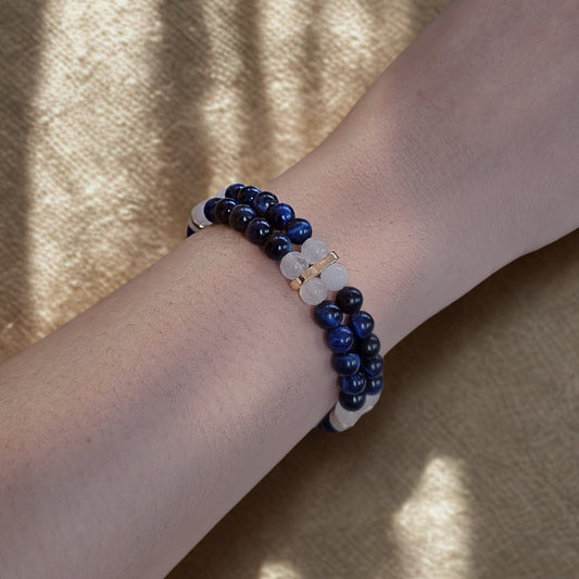 Blue Tiger’s Eye & White Jade 6mm Double Strand Bracelet - Gold