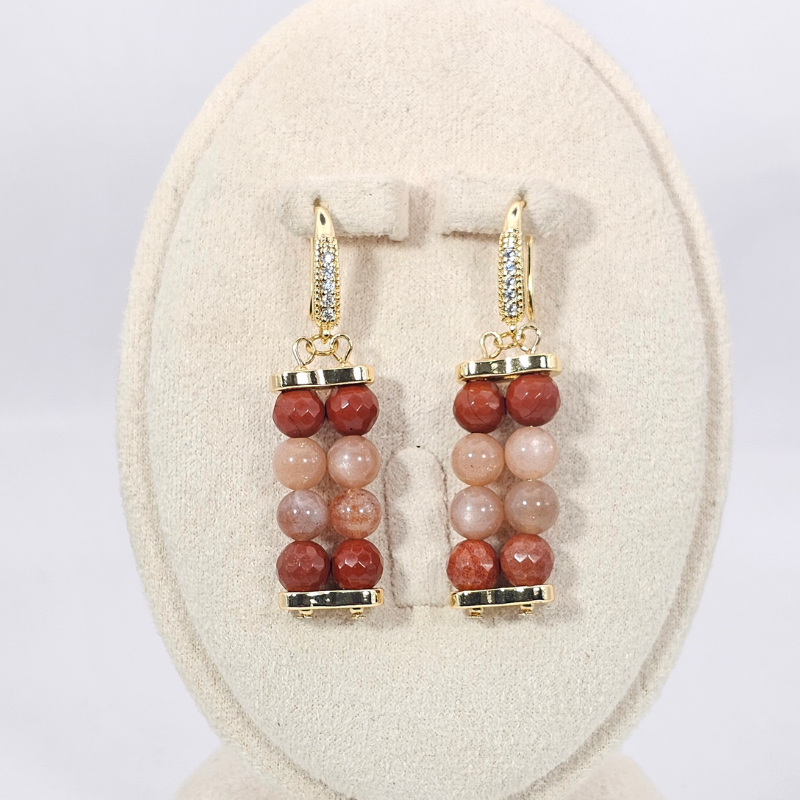 Sunstone & Red Jasper Agate 6mm Dangle Earrings- Gold