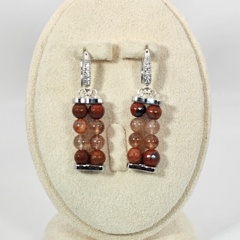 Sunstone & Red Jasper Agate 6mm Dangle Earrings- Silver