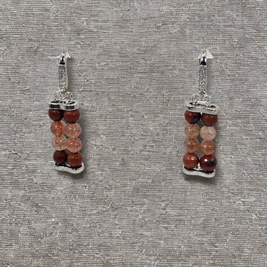 Sunstone & Red Jasper Agate 6mm Dangle Earrings- Silver