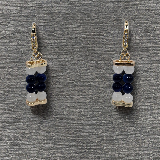 Blue Tiger’s Eye & White Jade 6mm Dangle Earrings- Gold