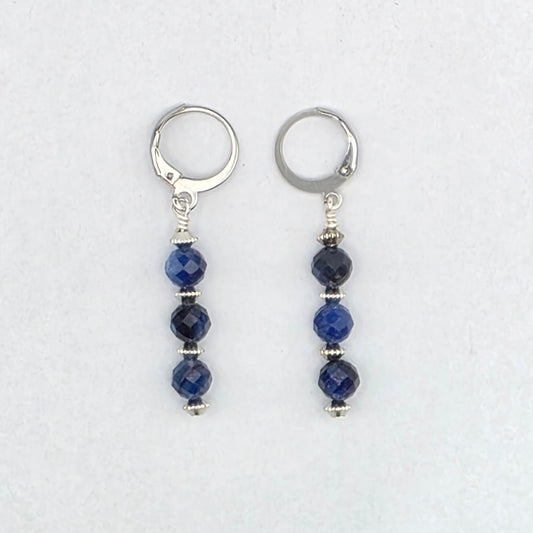 Pair of earrings with blue beads on a white background