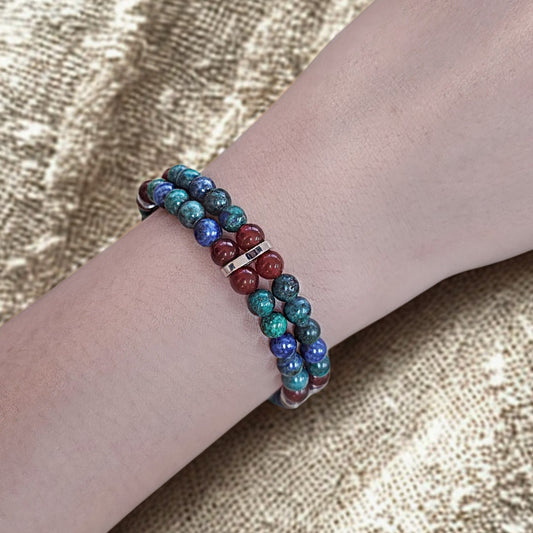 Azurite & Carnelian Double 6mm Strand Bracelet- Silver