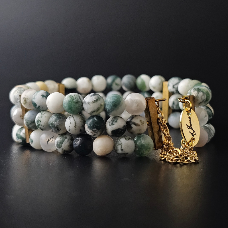 Matte Tree Agate 6mm Triple Strand Bracelet