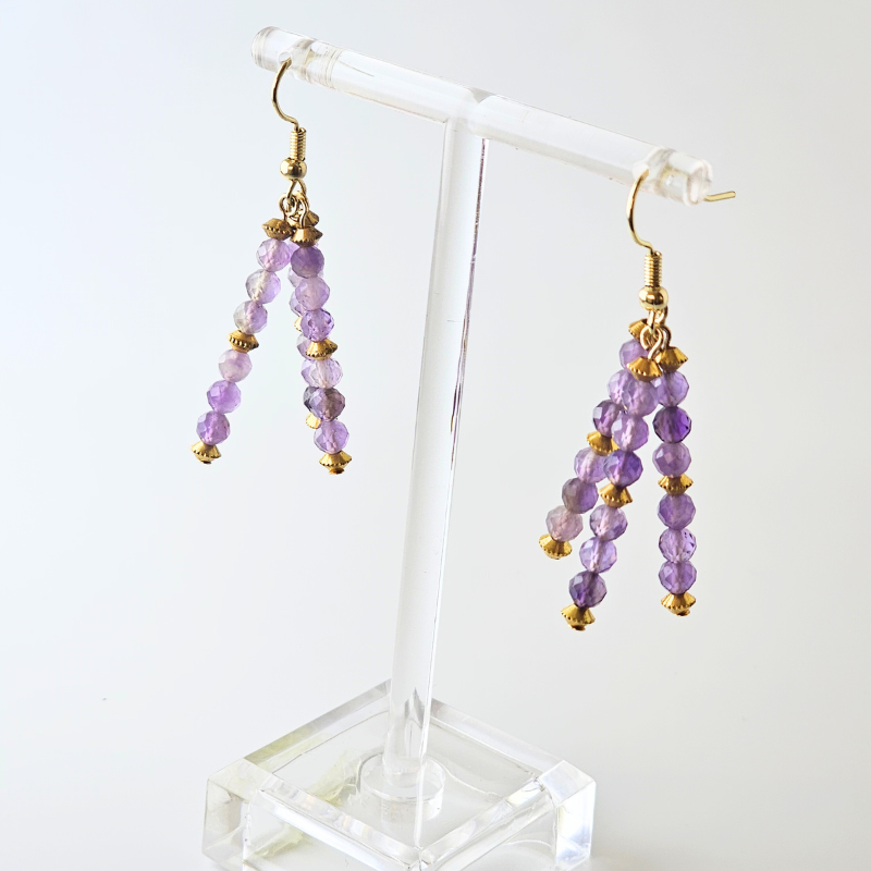 Amethyst Faceted Triple Strand Dangle- Gold
