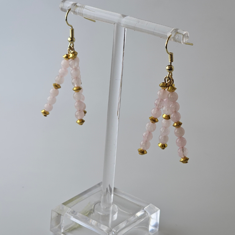 Rose Quartz Triple Strand Dangle- Gold
