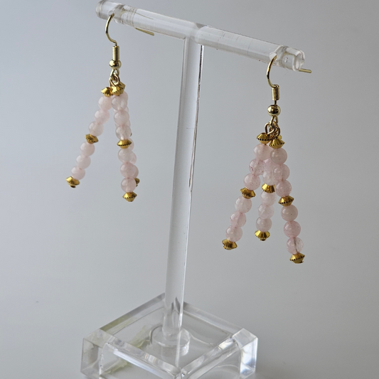 Rose Quartz Triple Strand Dangle- Gold