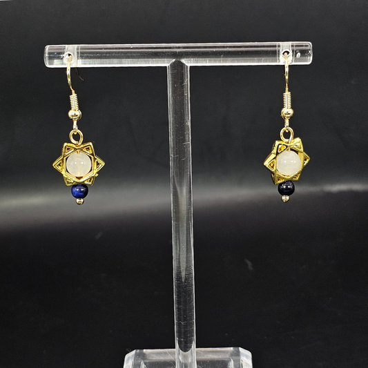 Holiday Star Dangle Earrings White Jade & Blue Tiger’s Eye - Gold
