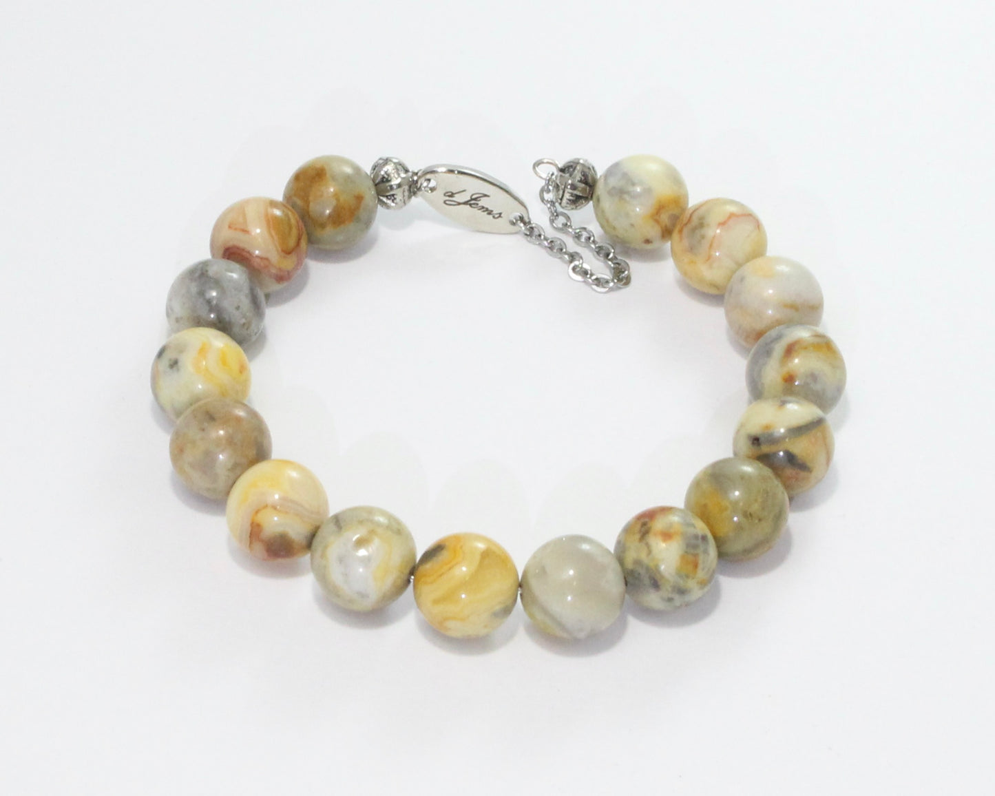 Handmade Crazy Lace Agate Bracelet showcasing 10mm multicolored beads with swirling patterns on plated stainless steel memory wire with a fixed safety chain.