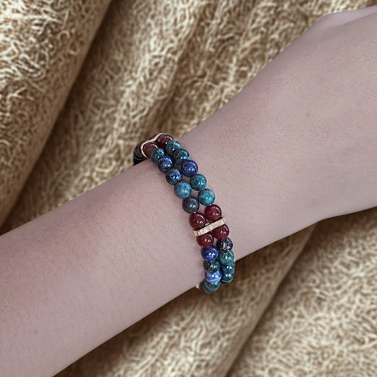 Azurite & Carnelian Double 6mm Strand Bracelet- Gold