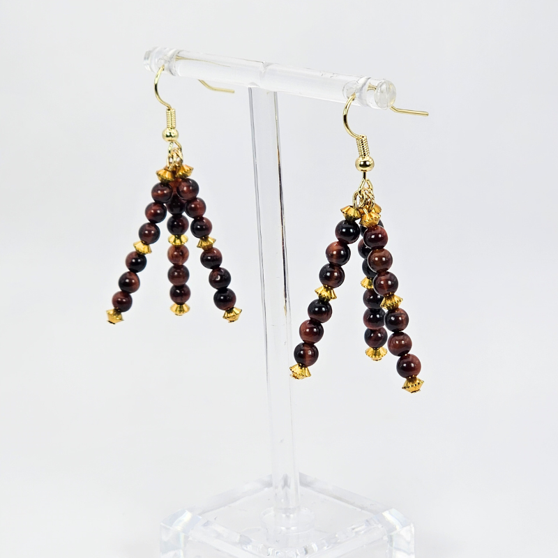 Red Tiger's Eye Triple Strand Dangle- Gold