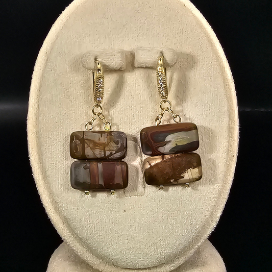 Red Jasper Agate Rectangular Dangle Earrings- Gold