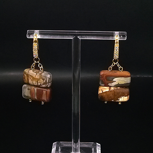 Red Jasper Agate Rectangular Dangle Earrings- Gold