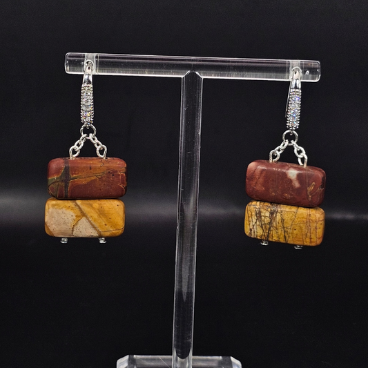 Red Jasper Agate Rectangular Dangle Earrings- Silver