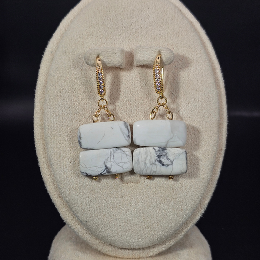 Howlite Rectangular Dangle Earrings- Gold