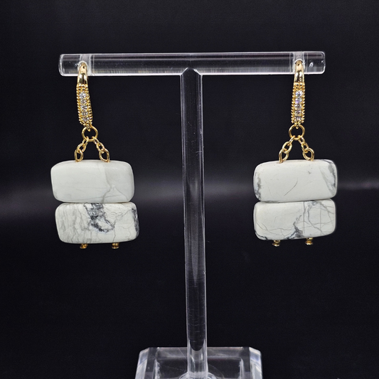 Howlite Rectangular Dangle Earrings- Gold