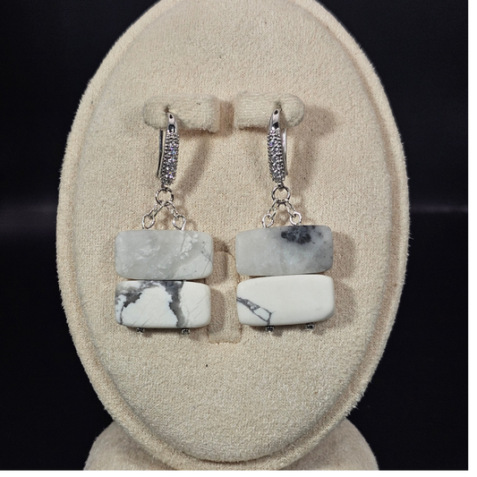 Howlite Rectangular Dangle Earrings- Silver