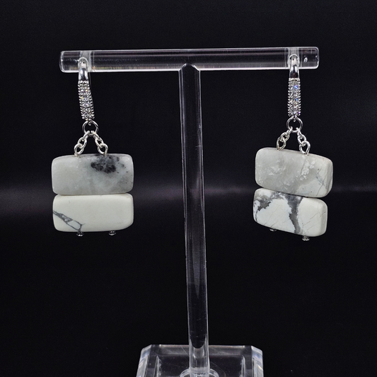Howlite Rectangular Dangle Earrings- Silver