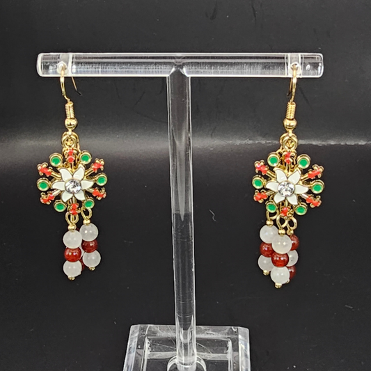 Snowflake Holiday Dangle Earrings – White Jade & Carnelian
