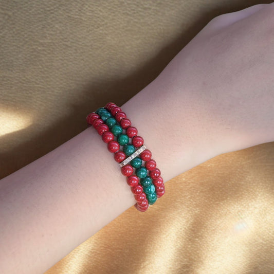 Red Cinnabar & Emerald 6mm Triple-Strand Bracelet- Silver