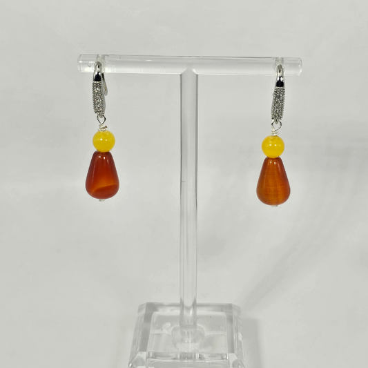 Red Agate Carnelian & Yellow Agate Dangle Earrings- Silver