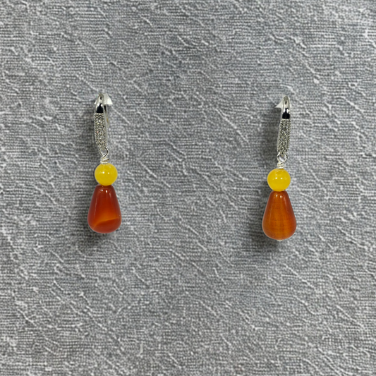 Red Agate Carnelian & Yellow Agate Dangle Earrings- Silver