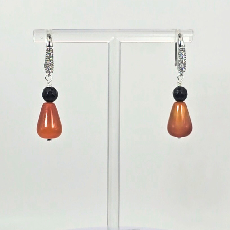 Red Agate Carnelian & Black Onyx Faceted Dangle Earrings- Silver