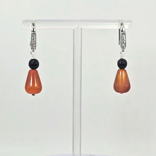 Red Agate Carnelian & Black Onyx Faceted Dangle Earrings- Silver
