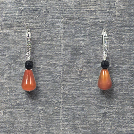 Red Agate Carnelian & Black Onyx Faceted Dangle Earrings- Silver