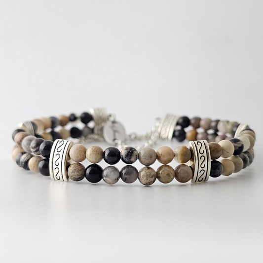 Crazy Lace Agate Silver Double Strand Bracelet