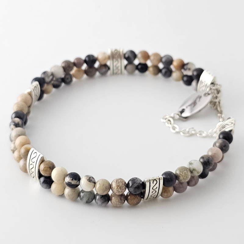 Crazy Lace Agate Silver Double Strand Bracelet