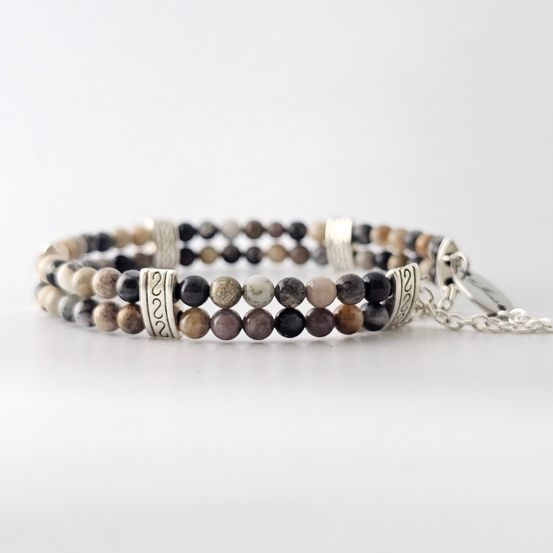 Crazy Lace Agate Silver Double Strand Bracelet