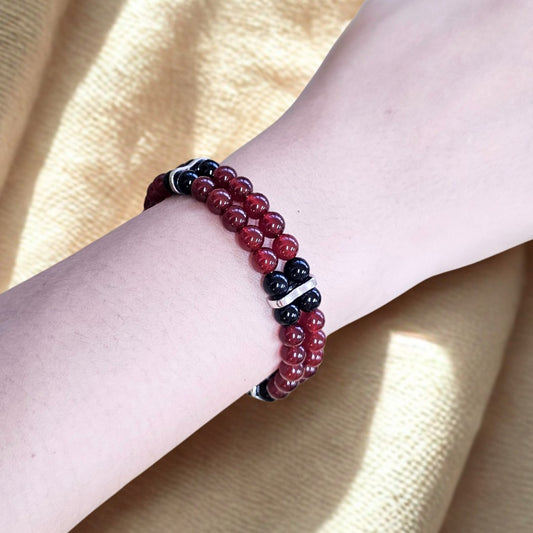 Carnelian & Black Onyx 6mm Double-Strand Bracelet- Silver