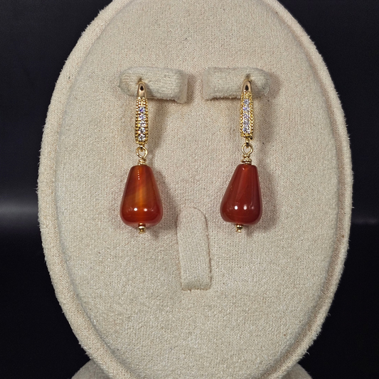 Red Agate Carnelian Dangle Earrings- Gold