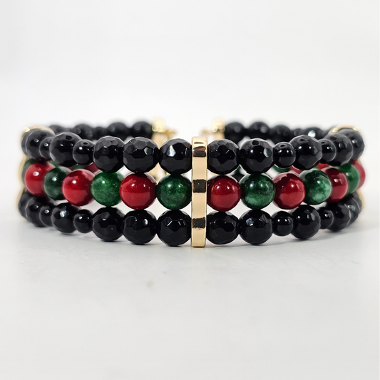 Black Onyx Faceted 6mm Triple-Strand Bracelet- Gold