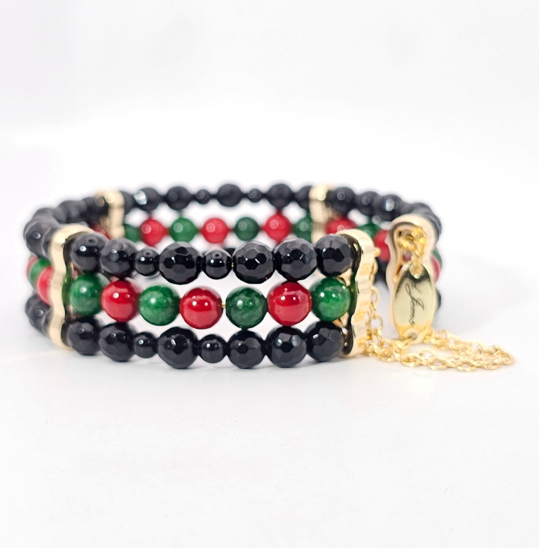 Black Onyx Faceted 6mm Triple-Strand Bracelet- Gold