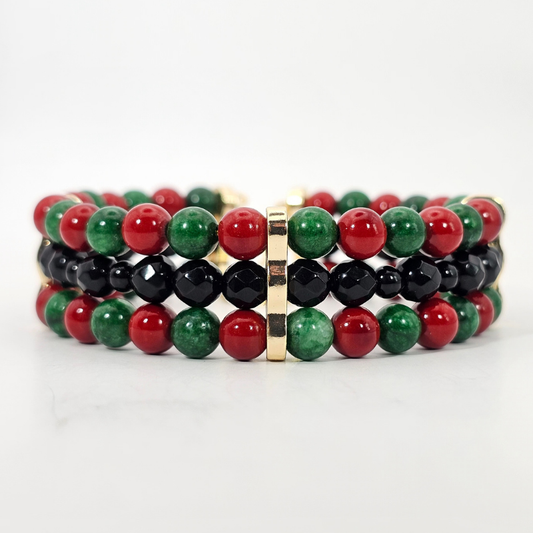 Black Onyx Faceted 6mm Triple-Strand Bracelet v2- Gold