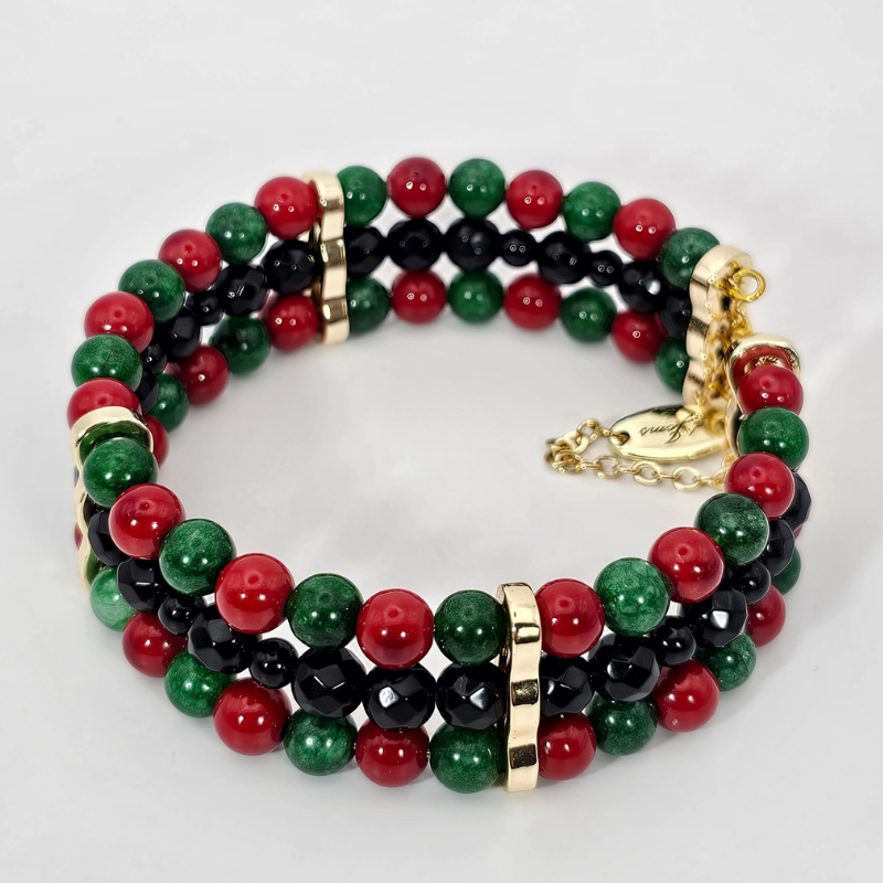Black Onyx Faceted 6mm Triple-Strand Bracelet v2- Gold